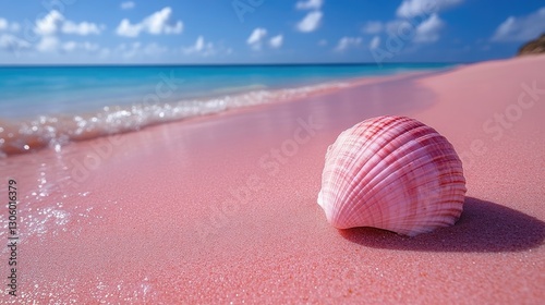 Pink sand beach seashell, ocean waves, sunny day, nature background, travel, vacation