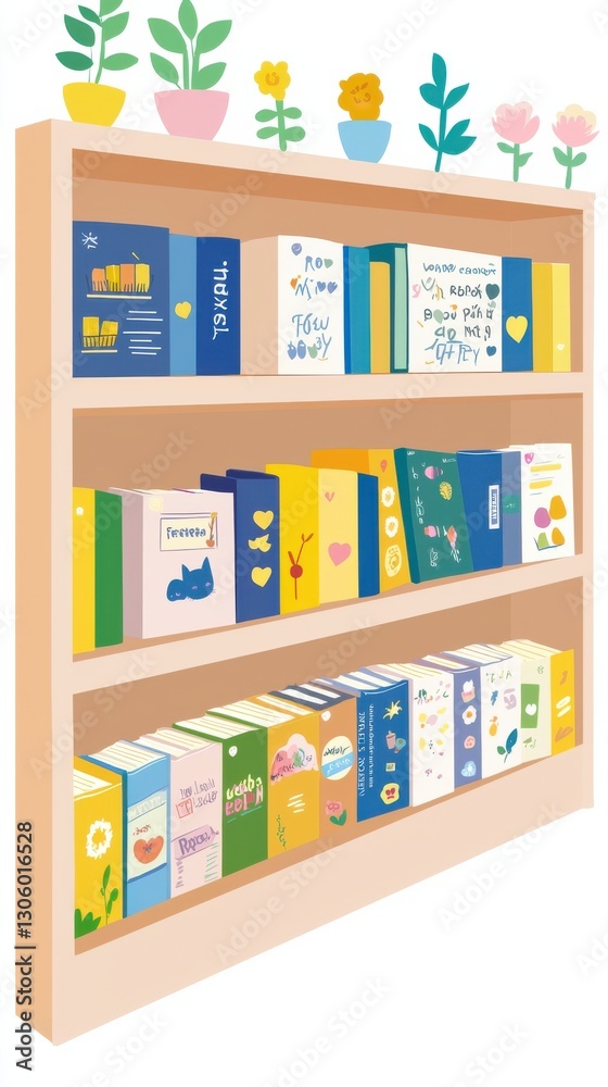 Pastel Bookshelf with Potted Plants