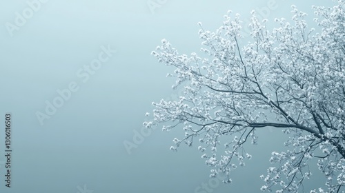 Snowy tree branches in soft light, tranquil winter scene, possible use in nature, winter, or environmental themes