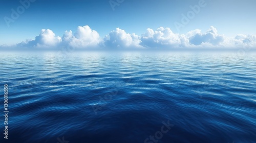 Calm ocean expanse, white clouds, serene sky.  Possible use Stock photo for nature, travel, tranquility, or digital art projects