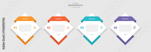 4 points template infographic with diamond shape with ribbon header badge with drop shadow style with 4 stage list information
