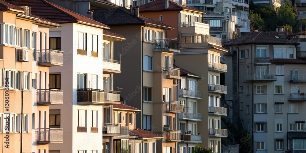Obraz premium This image showcases a series of colorful apartment buildings with balconies, illuminated by the warm glow of sunlight, creating a visually striking urban landscape.