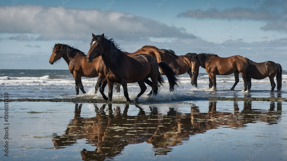 Peaceful Moments: Curious Horses Near the Tidal Pool on Sable Island Peaceful Moments: Curious Horses Near the Tidal Pool on Sable Island