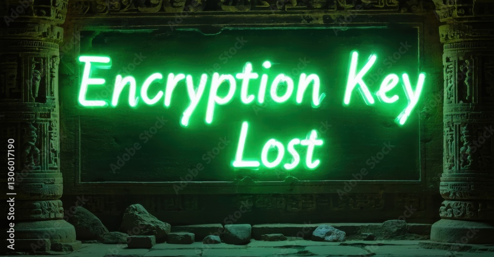 Obraz premium Neon sign encryption key lost glowing soft emerald electric white mounted inside ancient temple now filled futuristic digital artifacts