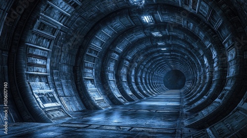 Futuristic tunnel corridor interior, dark, deep space, possible use in sci-fi