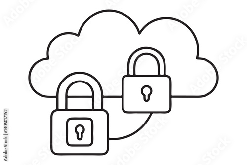 continuous one single black line art doodle drawing of Cloud security with encryption locks protecting sensitive information illustration