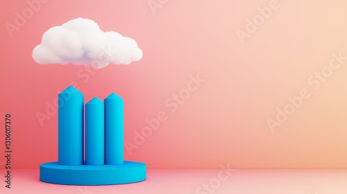Wallpaper Mural A playful 3D illustration featuring blue cylindrical shapes on a circular base with a fluffy cloud above, set against a soft gradient background. Torontodigital.ca