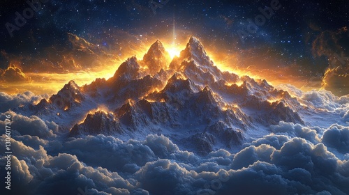 Celestial mountain peak above clouds