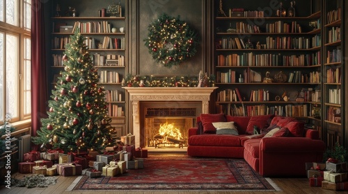 Cozy Christmas Living Room with Fireplace  Tree   Bookshelves