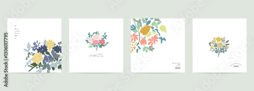 手書きの花束イラスト。手書きの草木ベクターイラストセット。シンプルタッチの花束。かわいい花。Hand drawn bouquet illustration. Hand drawn plants and trees vector illustration set. Simple touch bouquet. Cute flowers.