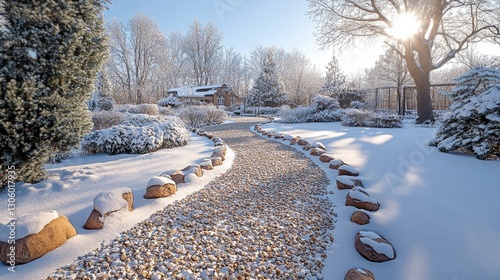 Snowy garden path, winter sunrise, frost-covered plants, peaceful scene, nature landscape