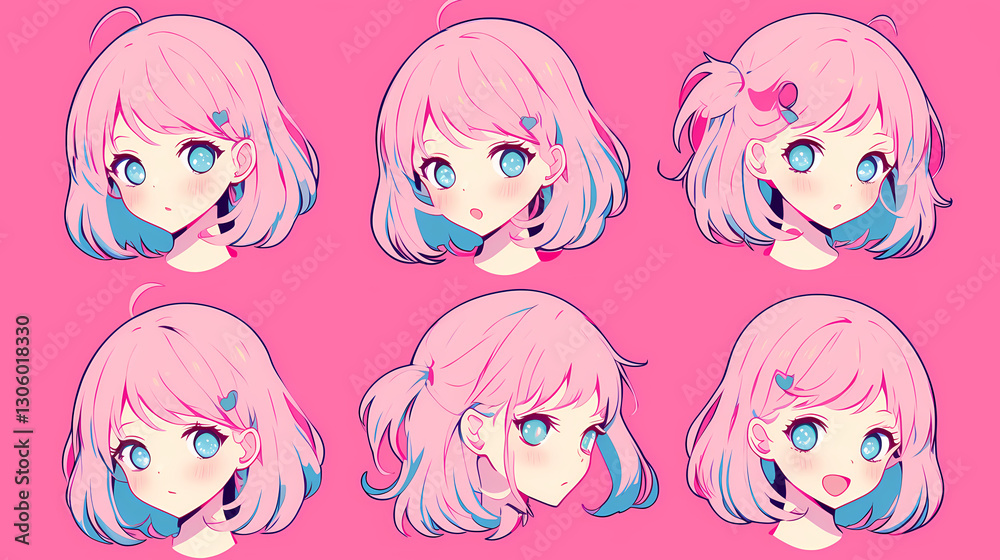 Colorful anime-style character expressions with pink hair on a vibrant background showcasing emotions Colorful anime-style character expressions with pink hair on a vibrant background showcasing emotions