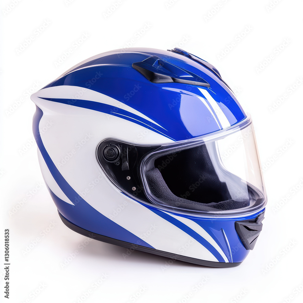 Fototapeta premium Blue and white motorcycle helmet with visor on white background