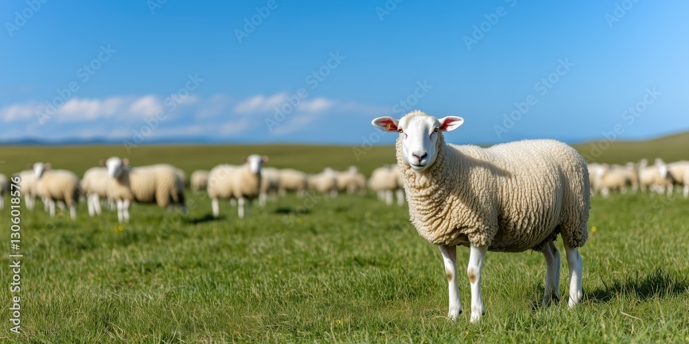 A close-up of a sheep stands confidently in a sunlit field, framed by a backdrop of grazing companions, highlighting the calmness and simplicity of rural life. A close-up of a sheep stands confidently in a sunlit field, framed by a backdrop of grazing companions, highlighting the calmness and simplicity of rural life.