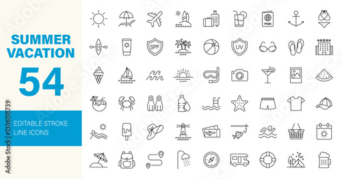 Summer Vacation icon set. Holiday related icons: travel, beach, surfing, hotel, tourism, landscape, camera, passport, ice cream and more. Editable line icons. Vector illustration.