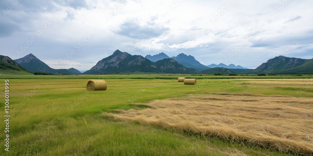 Obraz premium This breathtaking image presents a picturesque landscape with rolling mountains and hay bales scattered across vibrant green fields, capturing the beauty of nature and tranquility.