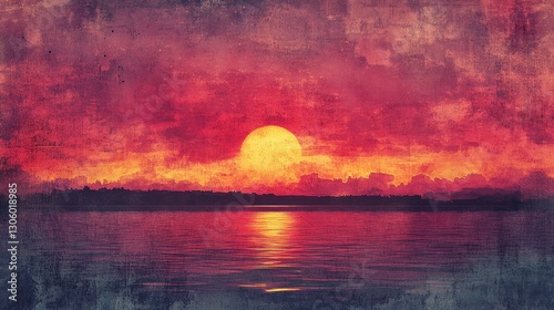 Fiery sunset over calm lake, silhouetted trees, peaceful evening scene