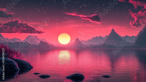 Pink sunset over mountain lake, fantasy landscape, scenic view, digital art, stock