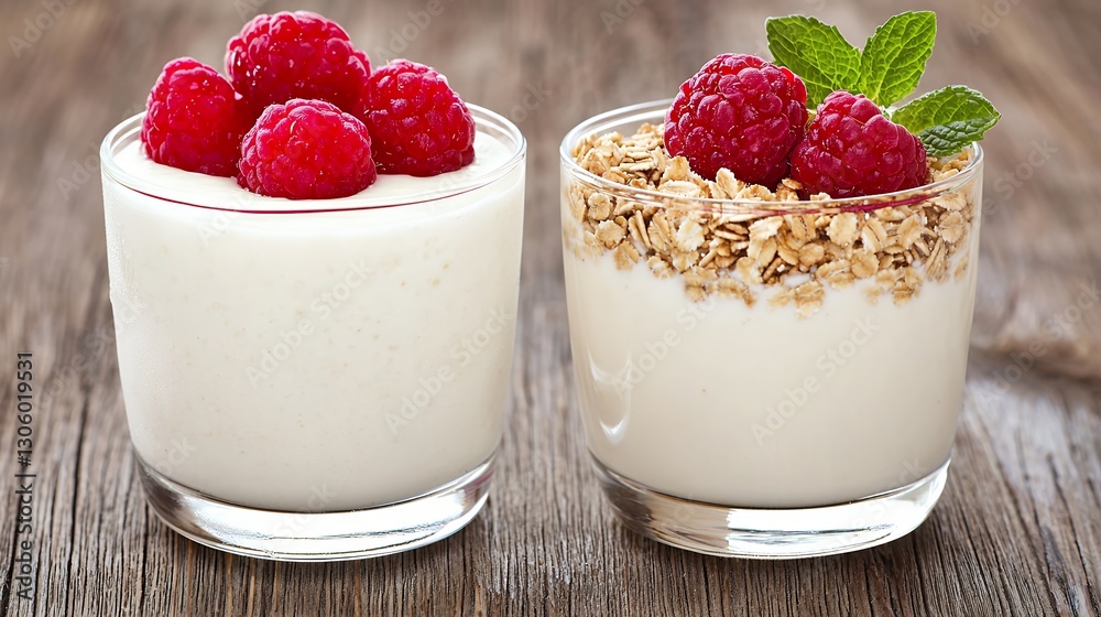 Creamy Yogurt Parfaits with Raspberries and Granola on Rustic Wood Creamy Yogurt Parfaits with Raspberries and Granola on Rustic Wood
