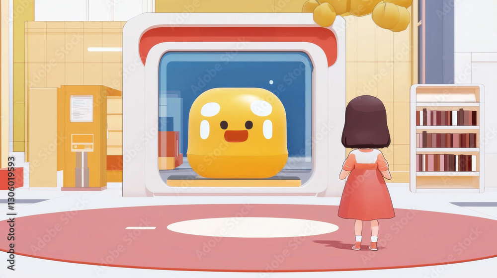 Fototapeta premium Young Girl Observing a Sad Yellow Cartoon Character in a Futuristic Room