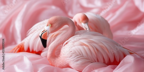 Two graceful flamingos resting elegantly amidst soft pink fabric, capturing a serene and artistic moment that embodies beauty and tranquility in nature.