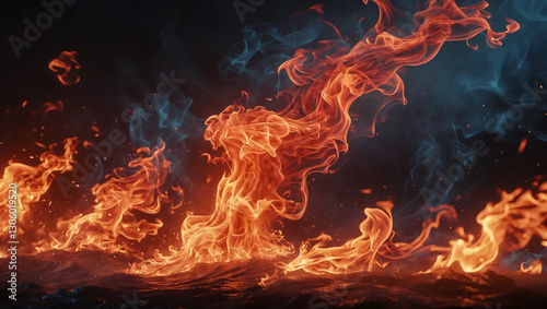 A hyper-realistic digital illustration of a dynamic, raging fire
