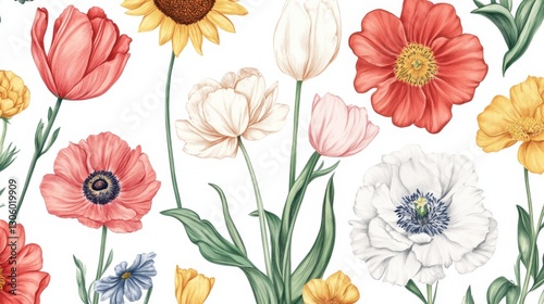 Wallpaper Mural Floral Illustration with Tulips, Poppies, Sunflower, and Ranunculus Torontodigital.ca