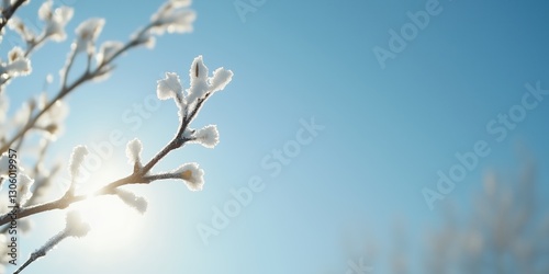 Frosty blossoms adorned with shimmering crystals catch the sunlight, evoking feelings of winter magic and tranquility in a serene and peaceful atmosphere.