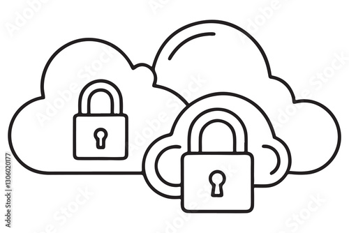 continuous one single black line art doodle drawing of Cloud security with encryption locks protecting sensitive information illustration