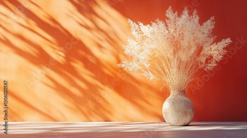Pampas grass vase, orange wall, sun shadows, minimalist home decor