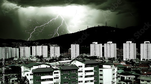 Dramatic Storm Over Cityscape with Lightning and Dark Clouds