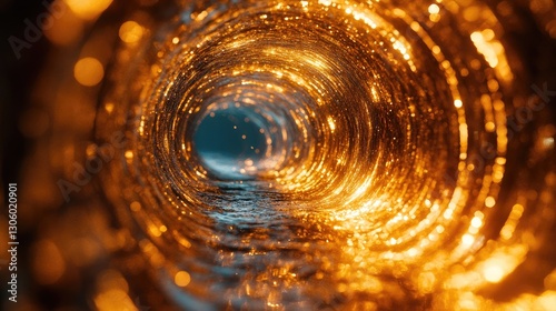 Abstract tunnel of golden light, swirling, leading to dark space.  Possible use Background for website, poster, or cover