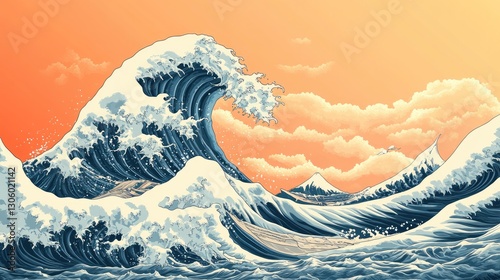 Powerful Wave in Sunset Over Ocean.  Possible use For posters, prints, or backgrounds