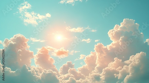 Sunny sky, fluffy clouds, bright sunlight, serene background, perfect for travel