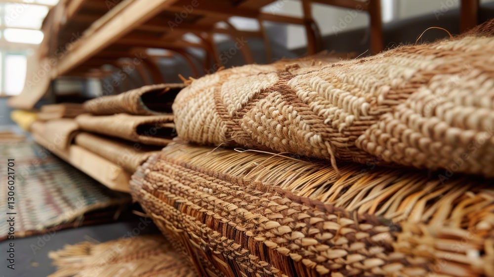 Obraz premium Close-up of stacked woven textures, natural fibers, rustic materials.