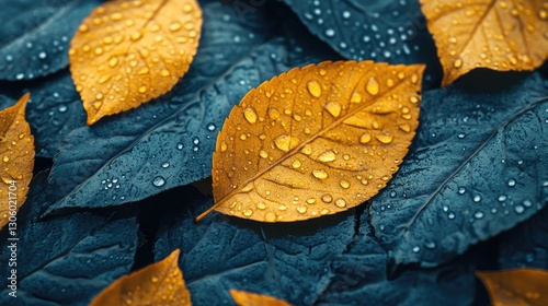 Autumn leaves with water droplets on dark background. Use Nature photography, wallpaper