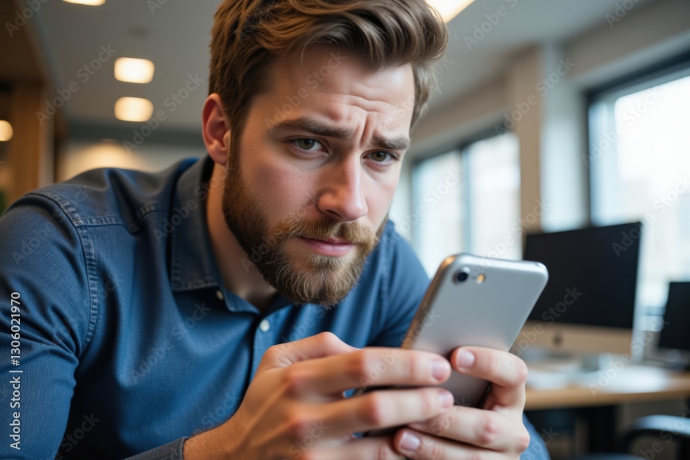 Thoughtful Caucasian Male in Blue Shirt Reviewing Messages on Smartphone in Modern Office Environment, Capturing Focus and Engagement with Digital Communication Thoughtful Caucasian Male in Blue Shirt Reviewing Messages on Smartphone in Modern Office Environment, Capturing Focus and Engagement with Digital Communication
