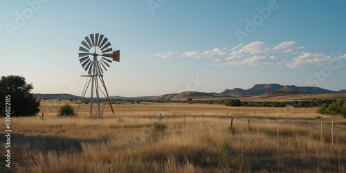 A classic windmill stands gracefully on the open prairie, surrounded by vast fields, representing a timeless connection between nature and human ingenuity.