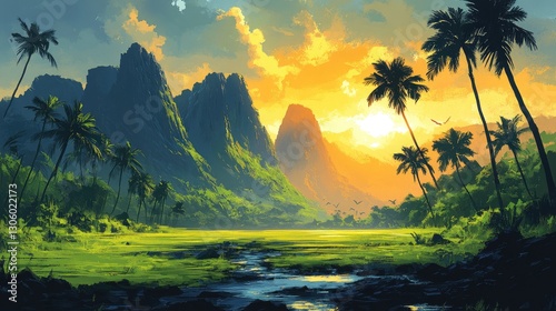 Tropical valley at sunset. Lush landscape.  Possible stock photo use