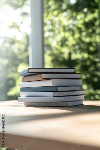 stack of diverse textbooks on teacher wooden desk representing learning surrounded by bright minimalist classroom setting