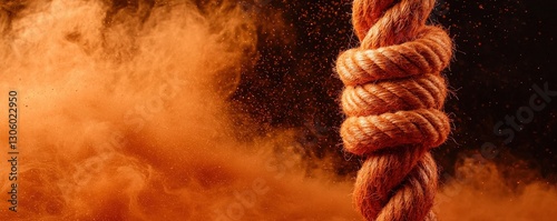 A close-up of a twisted rope against a backdrop of swirling orange dust, conveying strength and resilience.