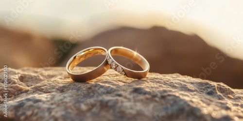 Two beautiful wedding rings lying on a rocky surface, symbolizing love, commitment, and the timeless elegance of partnership in a natural, serene setting.