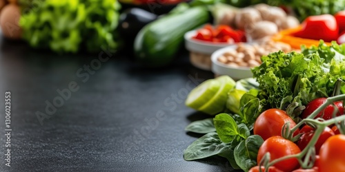 A vibrant array of fresh organic vegetables, including tomatoes, peppers, and greens, arranged artistically on a dark surface, reflecting the essence of healthy living.