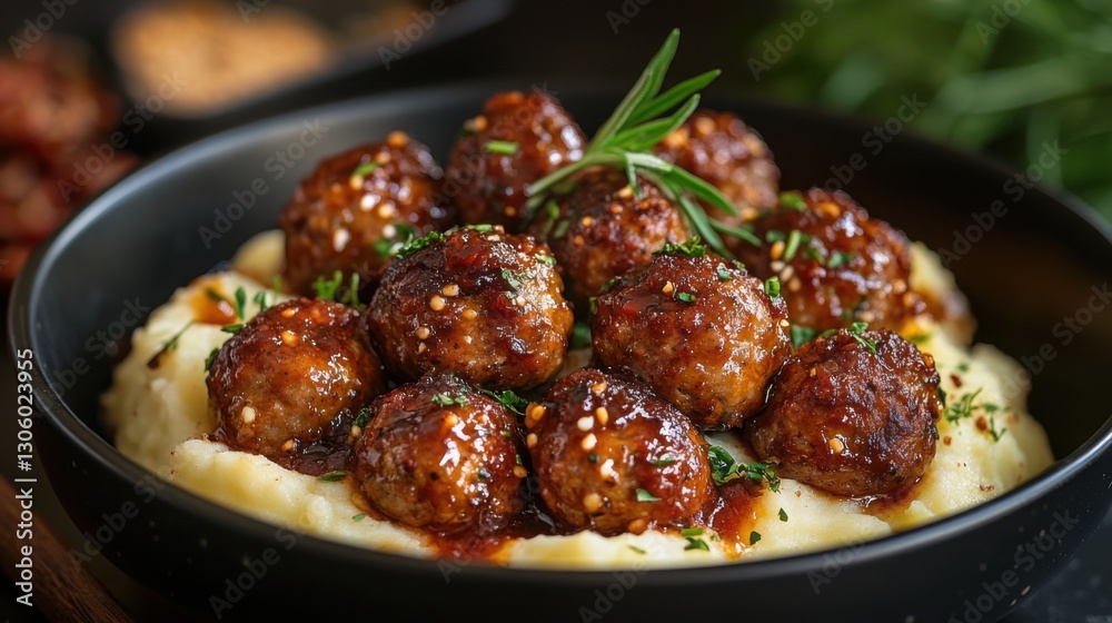 Delicious Meatballs Served on Creamy Mashed Potatoes. Delicious Meatballs Served on Creamy Mashed Potatoes.