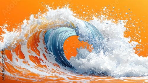 Ocean wave crashing, orange background, summer, abstract art, website banner