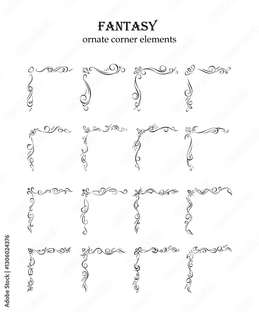 Set of 16 hand drawn calligraphic corner elements. Editable retro designs, frame constructor