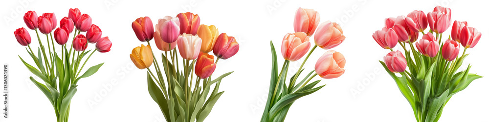 Collection of fresh tulips bush, cut out on white or transparent background Collection of fresh tulips bush, cut out on white or transparent background