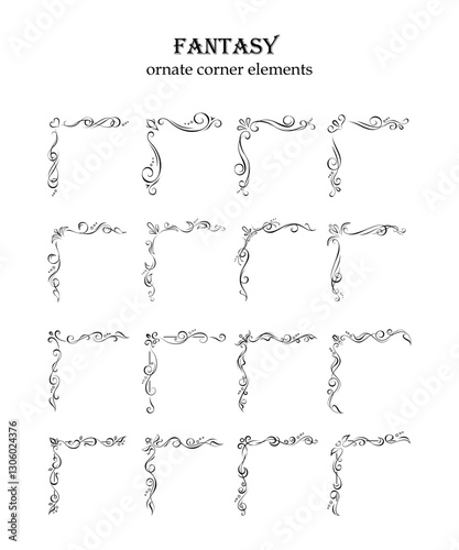 Set of 16 hand drawn calligraphic corner elements. Editable retro designs, frame constructor