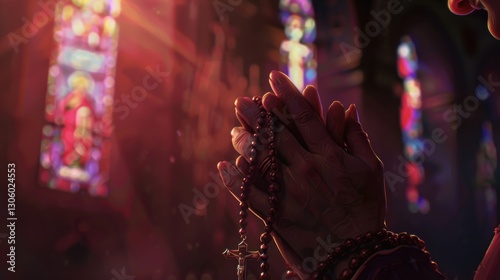 Praying Hands with Rosary and Stained Glass