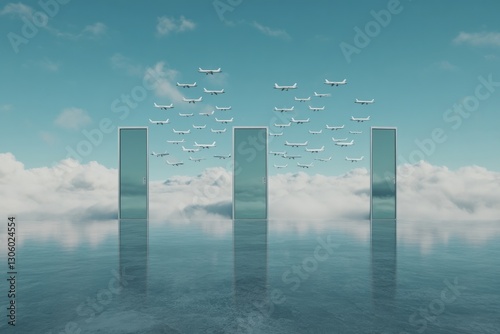 surreal dreamscape of airport where planes take off into sky of endless floating doors each leading to different destinations